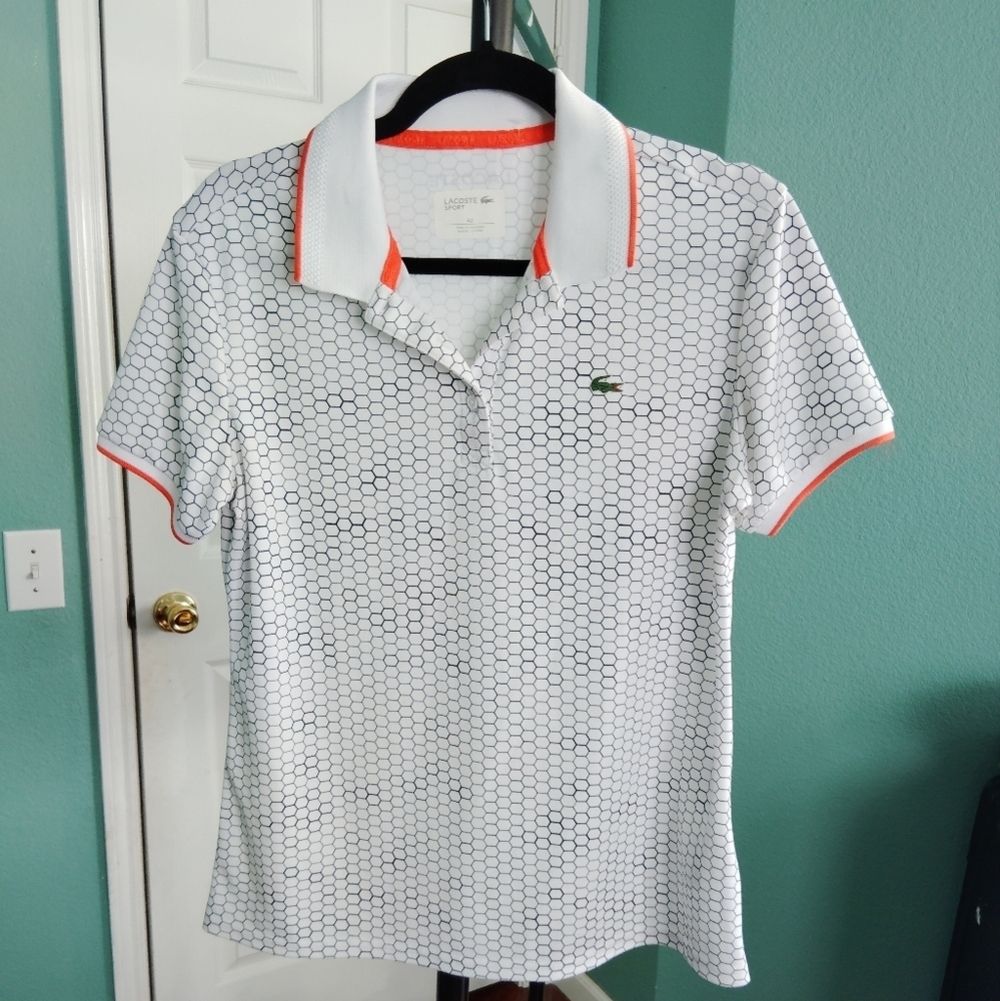 Lacoste  Polo Shirt Size 42 White Geometric Pattern Short Sleeve Collared E J-9